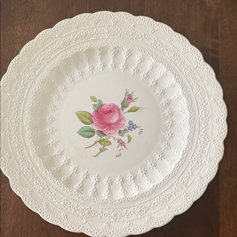 Vintage Embossed Porcelain Plate with Pink Rose Accent